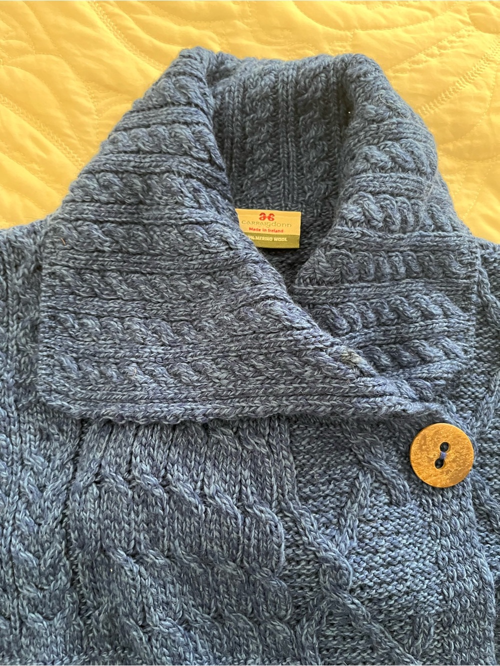 Carraigdonn Cozy Blue Cable-Knit Shawl Collar Cardigan 100% Merino wool M - Picture 6 of 8
